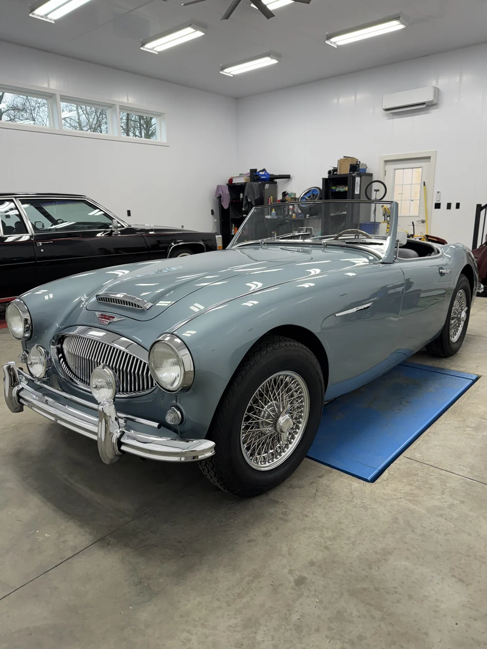 Classic Austin-Healey roadster detailed in the shop